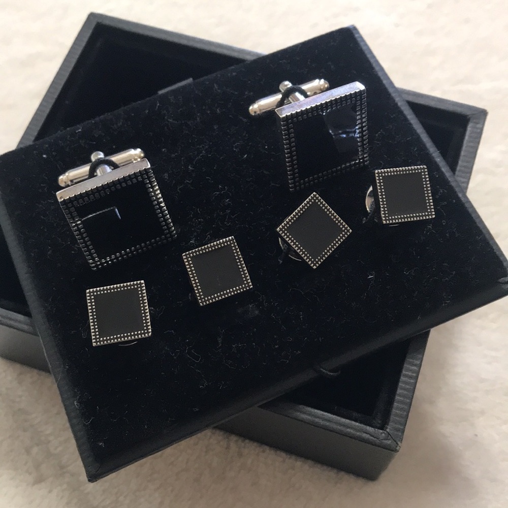Elegant Black and Silver Cufflinks and Button Set